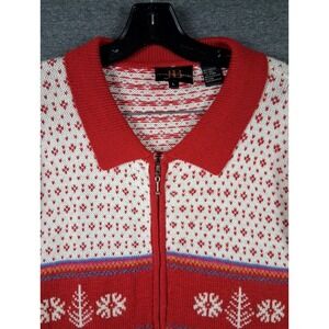 Jenny Buchanan Womens Sweater L Red White Fair Isle Wool Blend Full Zip Cardigan